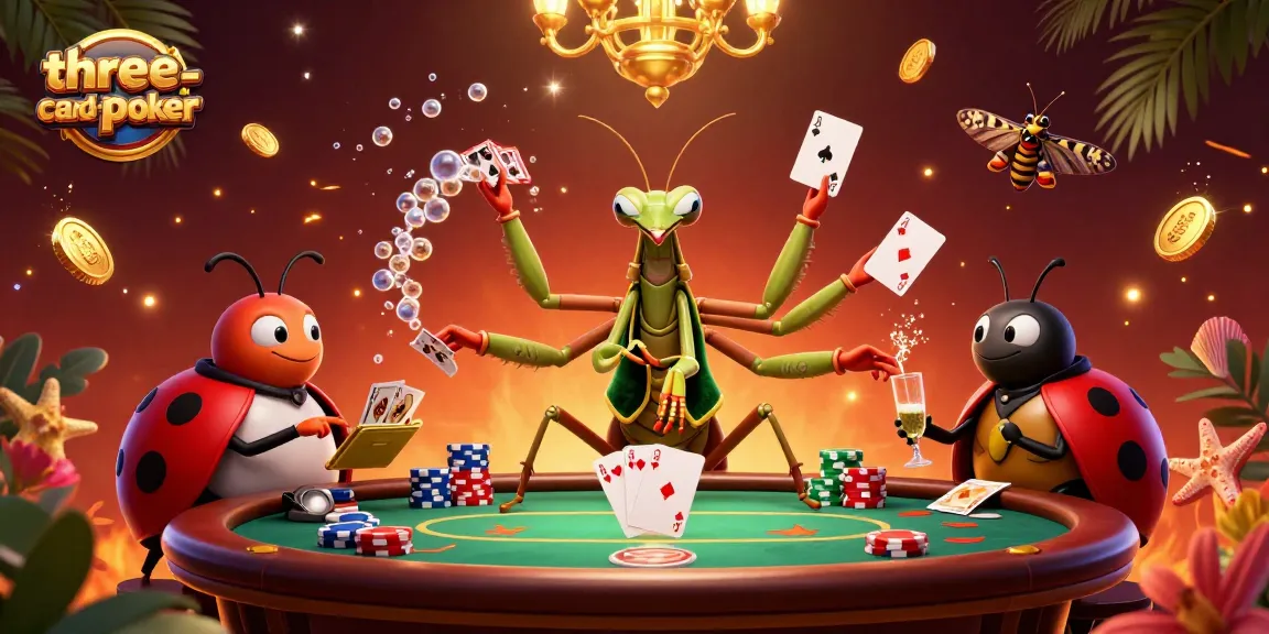 Engage with three-card-poker excitement as a mantis dealer shuffles cards amidst chips and vibrant decorations.
