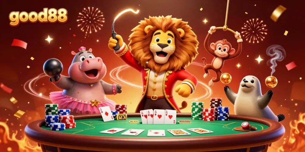 Engage in thrilling games at good88 with a dynamic scene of colorful casino characters and poker elements.