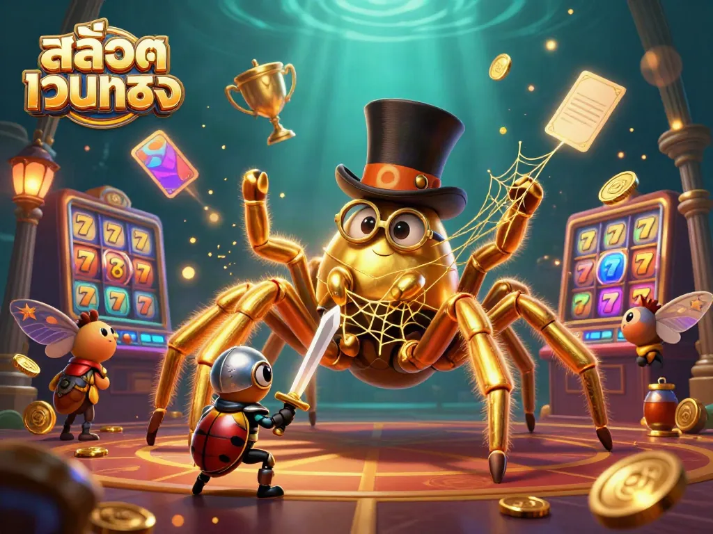 Engage with สล็อตเว็บตรง as a golden tarantula spins a web of chance in a vibrant casino atmosphere.