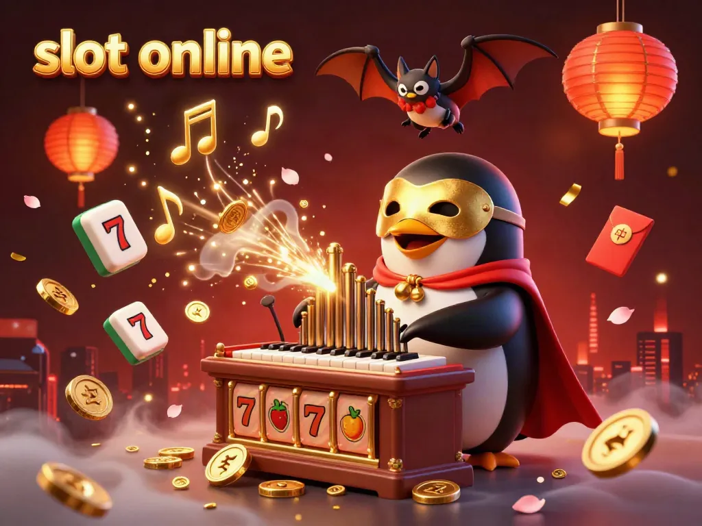 Engage with slot online excitement, featuring a penguin playing an organ, surrounded by slot reels and winning elements.