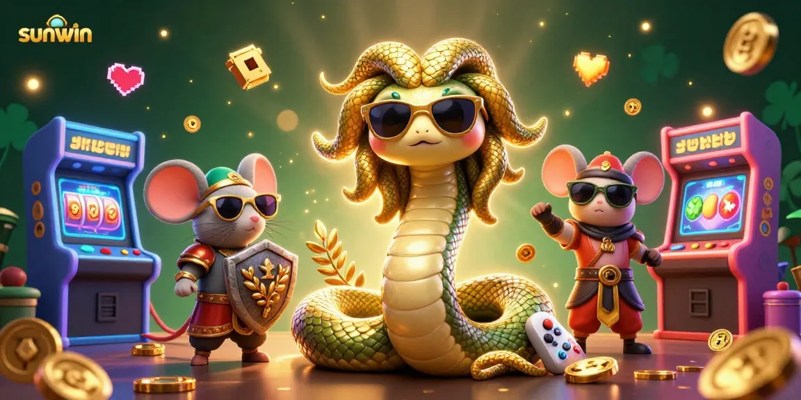 sunwin showcases a friendly Medusa and warrior mouse amidst vibrant casino arcade elements