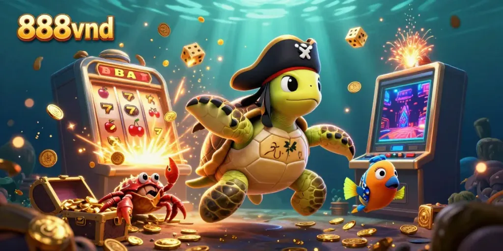 Experience the thrill of 888vnd with a lively pirate turtle and friends amidst a slot machine bonanza.