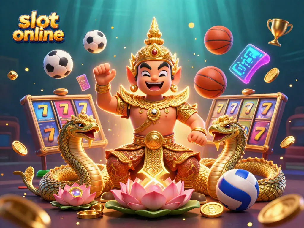 Experience thrilling slot online action with a vibrant 3D illustration of a guardian and lucky symbols.