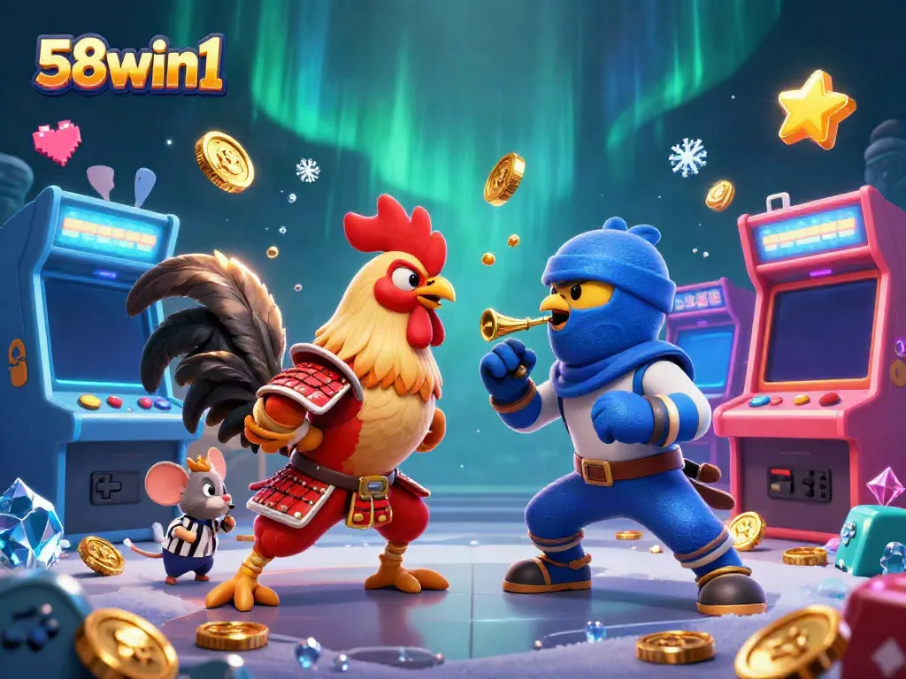 Witness the thrilling standoff between samurai and ninja roosters in 58win1's dynamic casino scene.