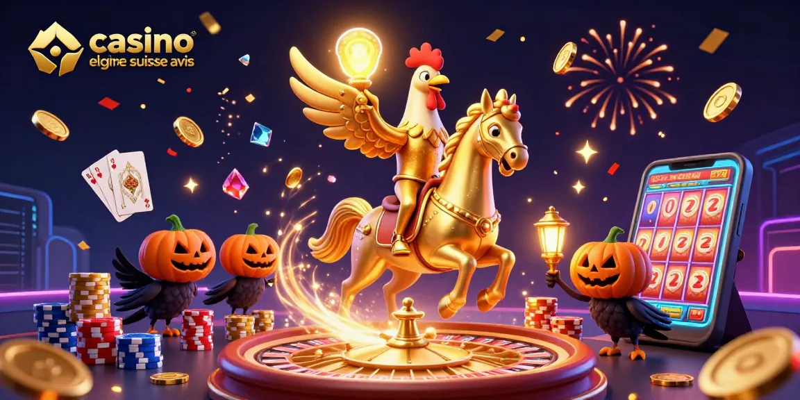 Illustration dynamique présentant un casino avec le coq doré, revu par des éléments de jeu, pour casino en ligne suisse avis.