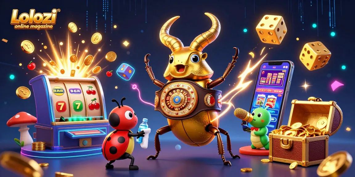 Lolozi online magazine showcases a dynamic casino scene featuring a giant stag beetle and vibrant game elements.