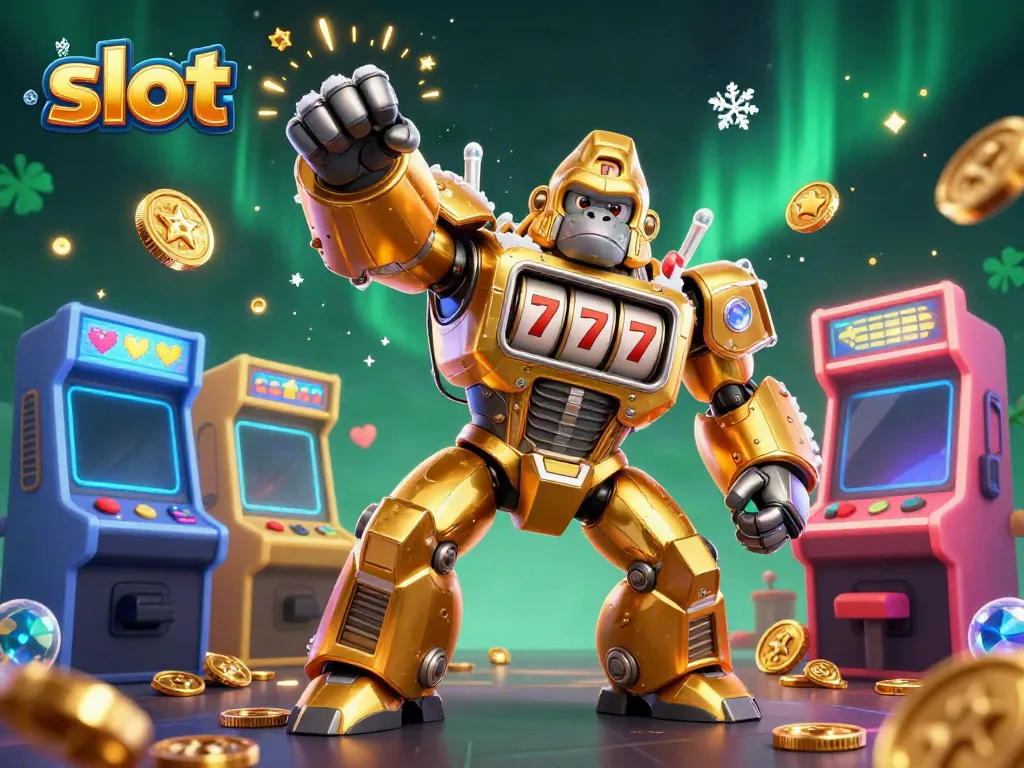 Experience thrilling slot action with a golden gorilla mech, symbols, and vibrant gaming elements.