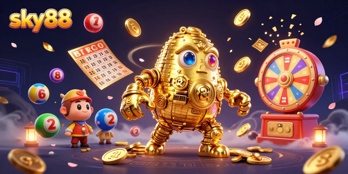 Experience sky88 with vibrant lottery balls and a golden golem in an energetic casino scene.