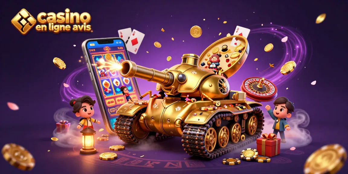 Avis sur les casinos en ligne avec une scène animée de jeu, illustrant un tank doré et un casino miniature