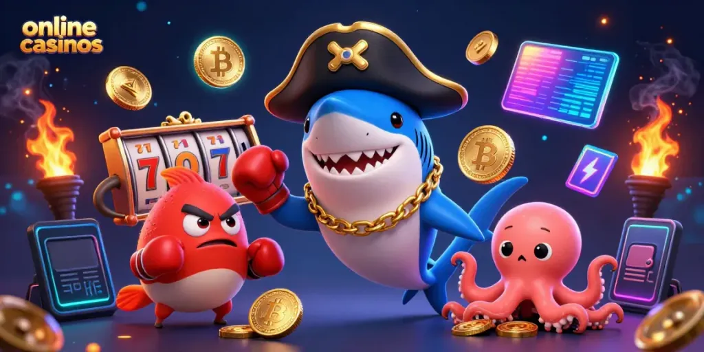 Engage with exciting online casinos featuring a pirate shark, pufferfish, and octopus amid vibrant slot reels.