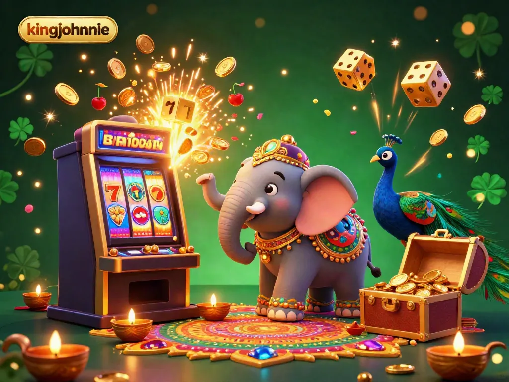 Engage in thrilling wins at kingjohnnie with a vibrant casino scene showcasing a festive elephant and peacock.