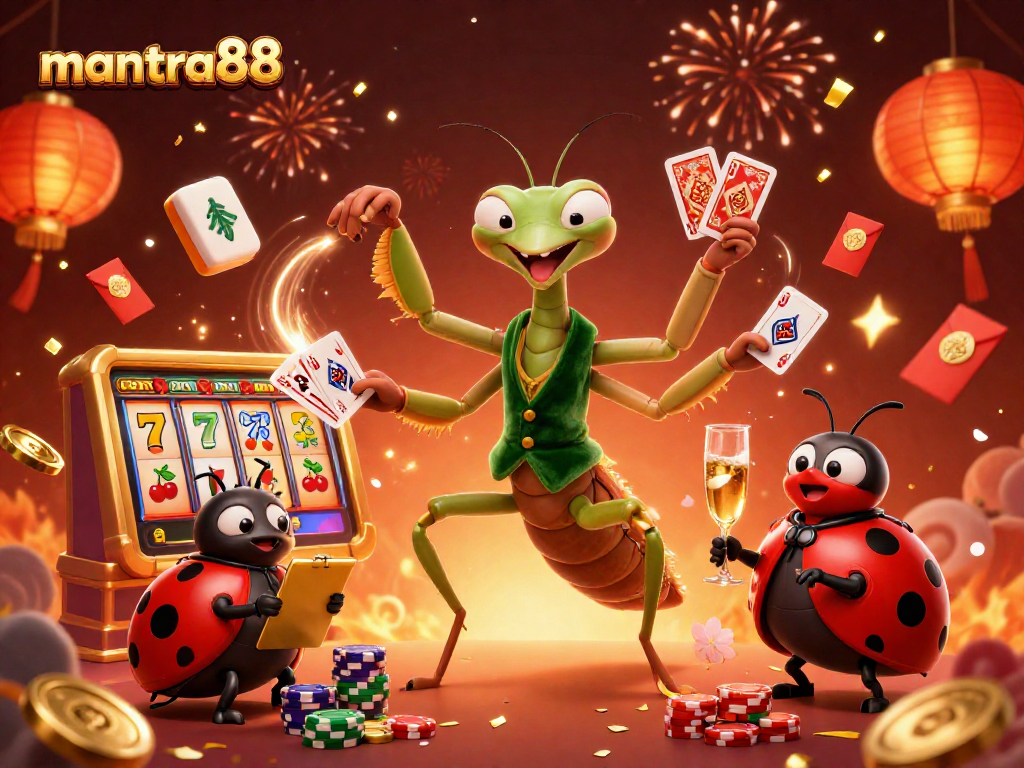 Experience the excitement at mantra88, where a giant mantis card sharp and ladybug pit boss create a lively casino atmosphere.