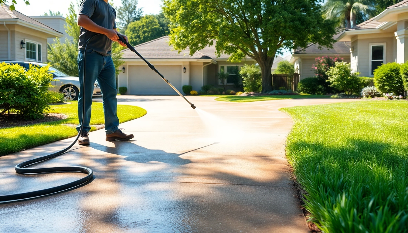Technician performing driveway cleaning on a concrete surface, showcasing effective restoration.