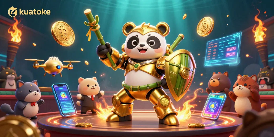 Kuatoke casino illustration featuring a golden panda in a mech-suit battling in a vibrant arena.