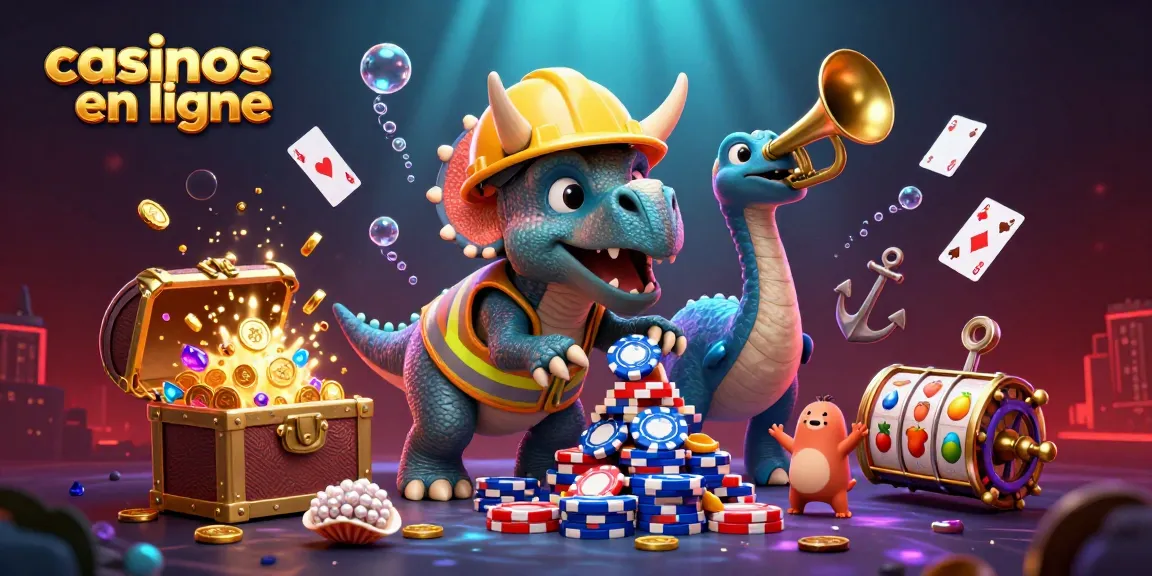 Les casinos en ligne célèbrent un triceratops joyeux construisant une pyramide de jetons de poker.