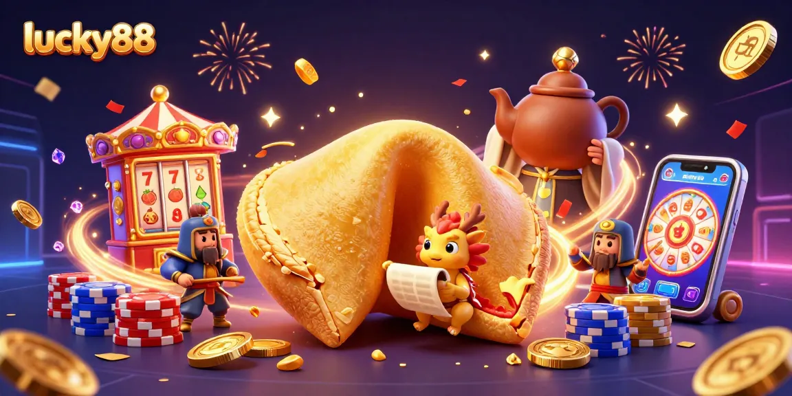 Experience the thrill of lucky88 with spinning slot reels and golden fortune cookie guardians.