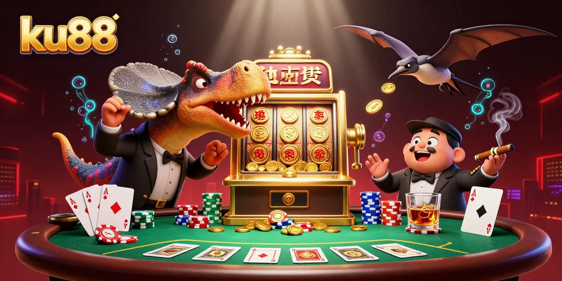 ku88 showcases a pachycephalosaurus winning jackpot coins at a slot machine amid a vibrant casino scene.