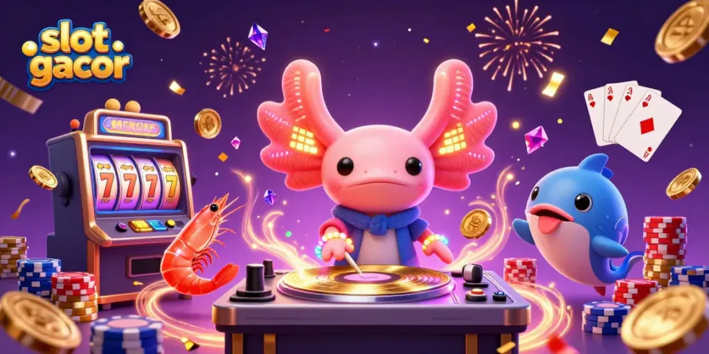 Menggandakan kemenangan dengan slot gacor, ilustrasi neon 3D penuh aksi dan elemen kasino berwarna.