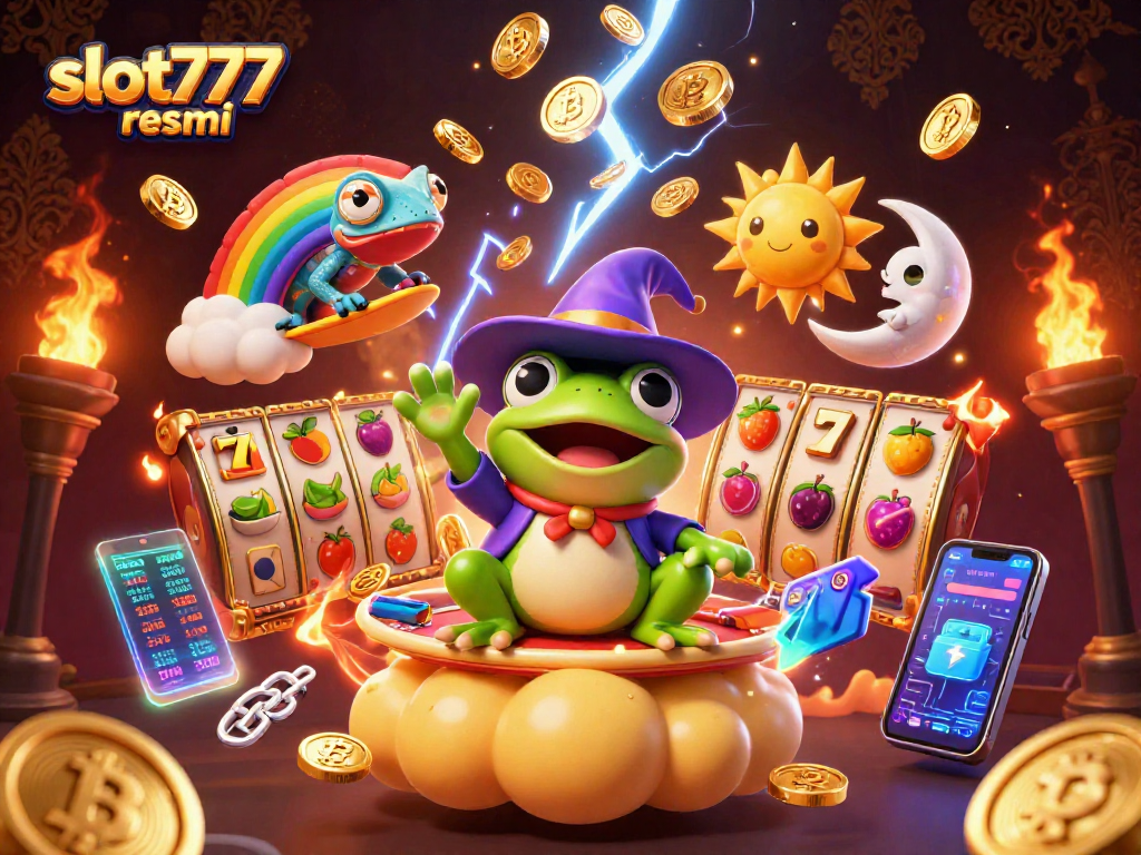 Spin the slots with slot777 resmi featuring a vibrant casino adventure scene full of engaging characters and glowing coins.
