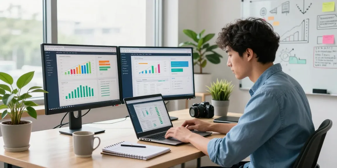 Reseller hosting ilimitado professional reviewing analytics in a modern office environment