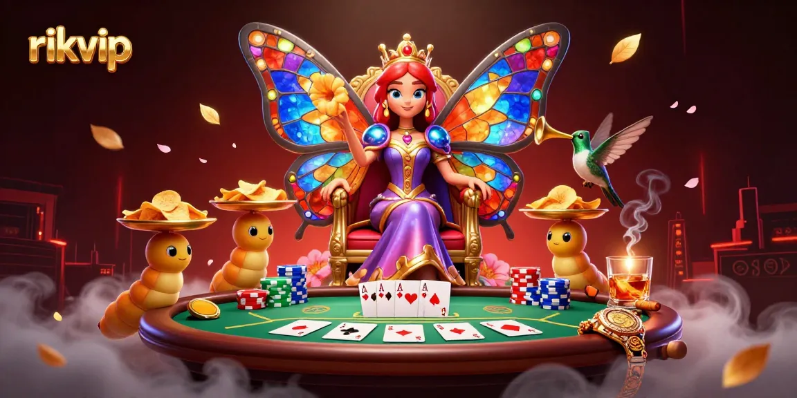 Experience the thrill at rikvip with vibrant poker elements and a dazzling butterfly queen illustration.