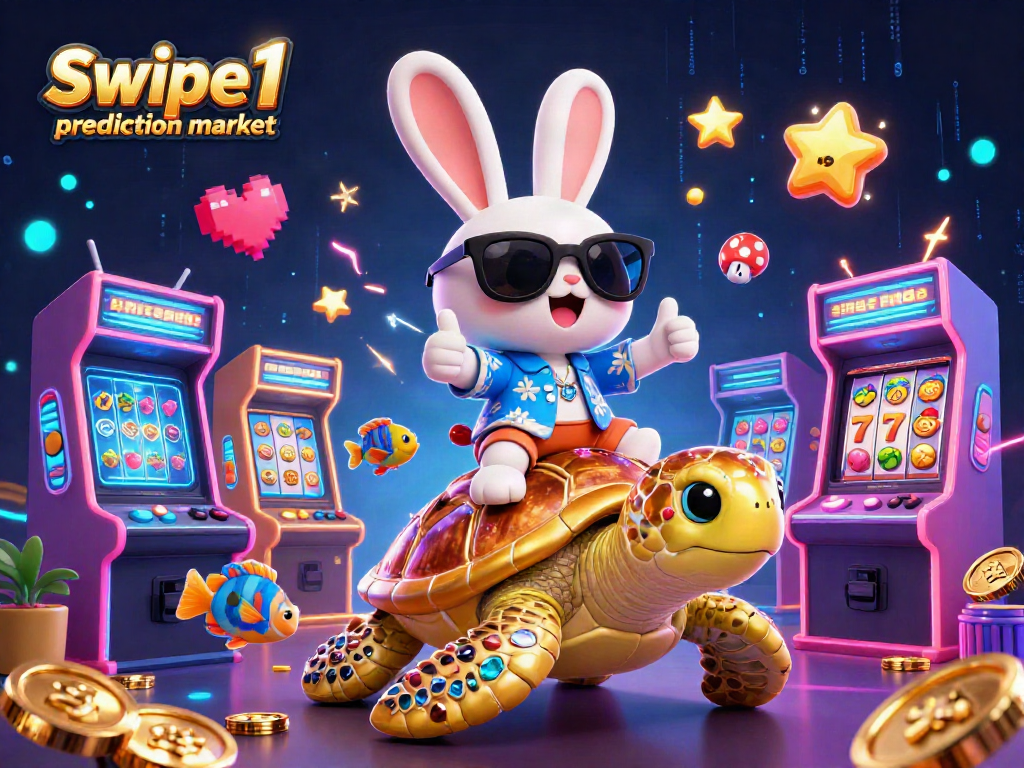 Engage with Swipe1 prediction market for strategic gambling insights featuring art of a lucky rabbit and golden turtle.
