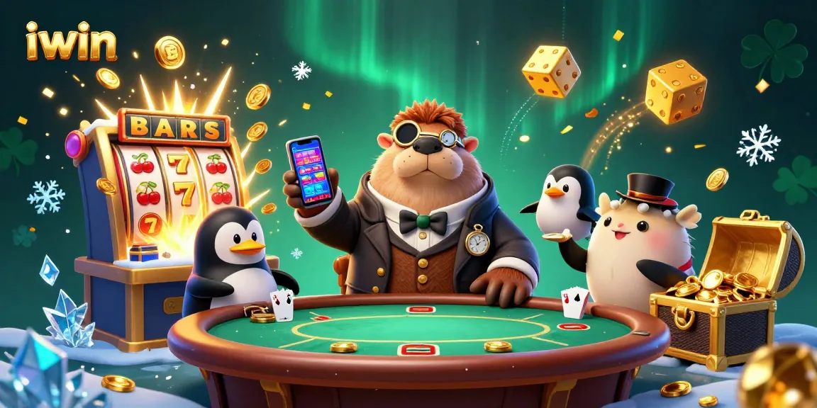 iwin the jolly walrus plays poker with a penguin dealer and a bluffing pufferfish, surrounded by slots and gold