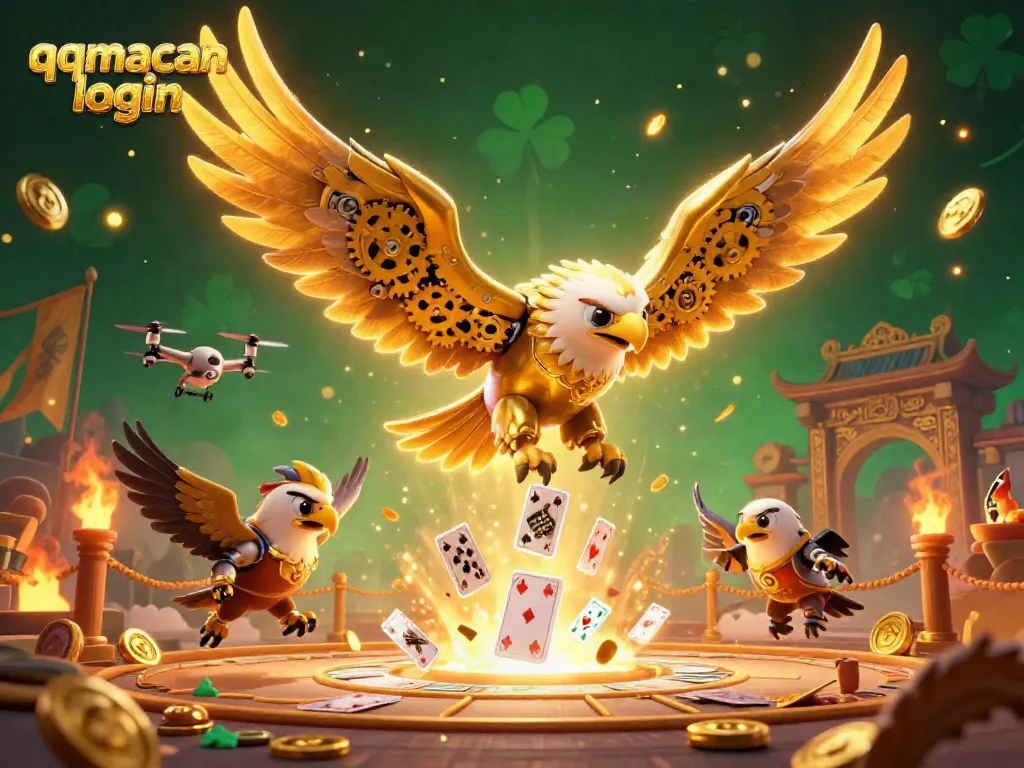 Engage in the excitement with the qqmacan login, featuring a vibrant 3D illustration of a cybernetic eagle diving through holographic cards.