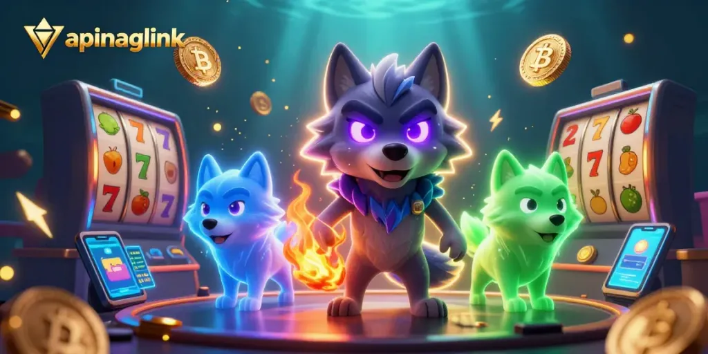 Exciting apinagalink scene showcasing ghostly wolves amidst slot machines and crypto elements.