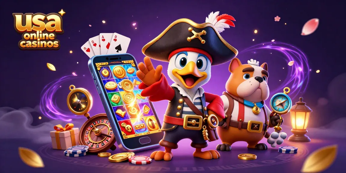 Engaging scene featuring usa online casinos with a pirate captain and gaming elements like slot games and poker.