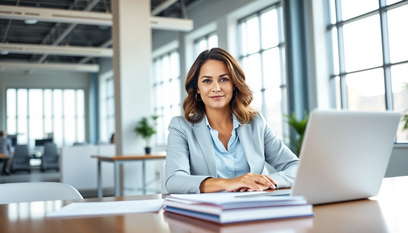 Escrow Services demonstrated by a professional female agent at a modern desk in a bright office setting.