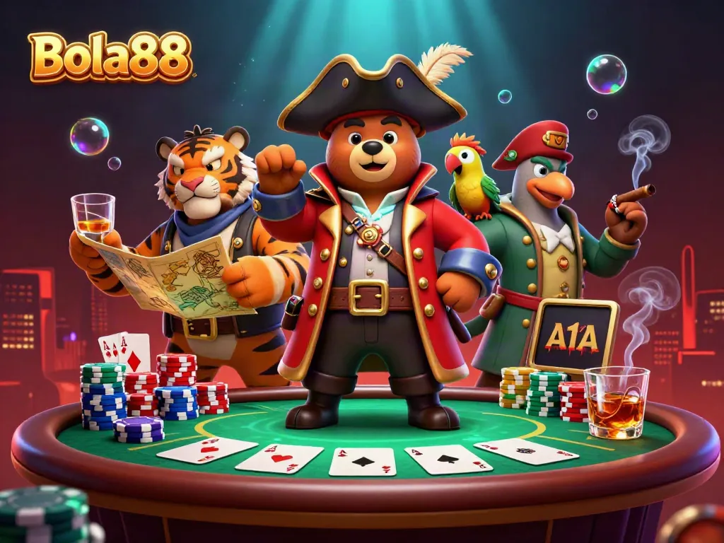 Bola88 casino scene showcasing a bear pirate and tiger first mate at a lively poker table.