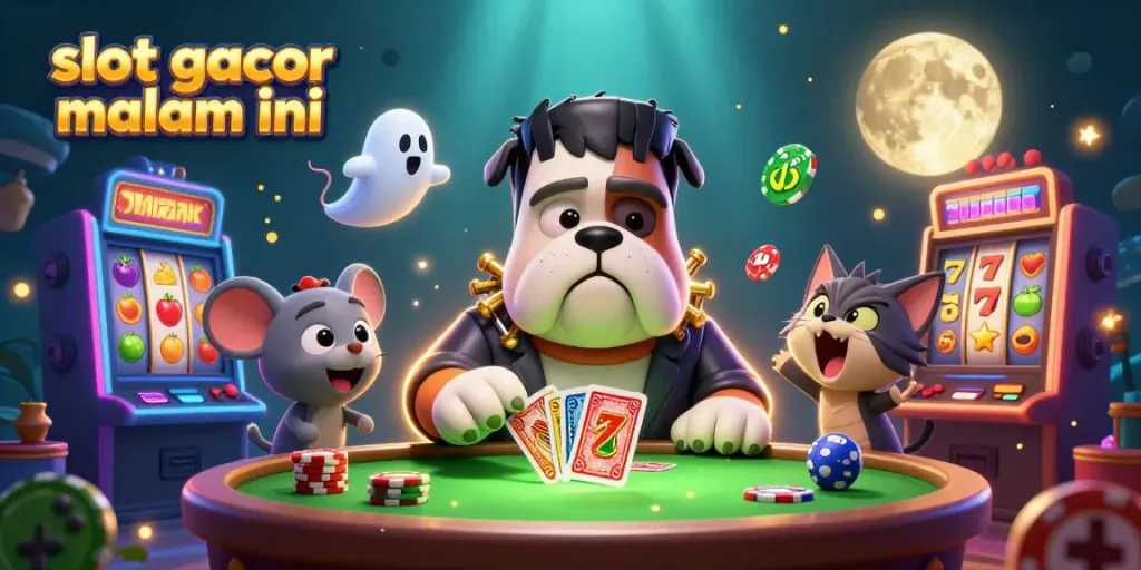 Visualisasi slot gacor malam ini dengan monster bulldog dan simbol keberuntungan dalam suasana yang seram.
