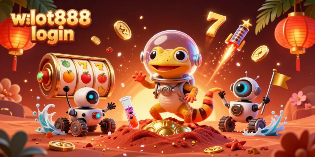 Menangkan dengan wslot888 login, ilustrasi 3D gecko Mars di kasino emas, dikelilingi simbol keberuntungan.