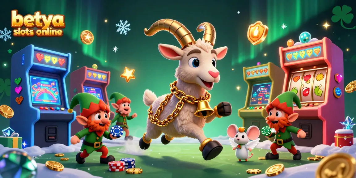 Spin the reels at betya slots online with festive Krampus and playful characters in a vibrant casino scene.