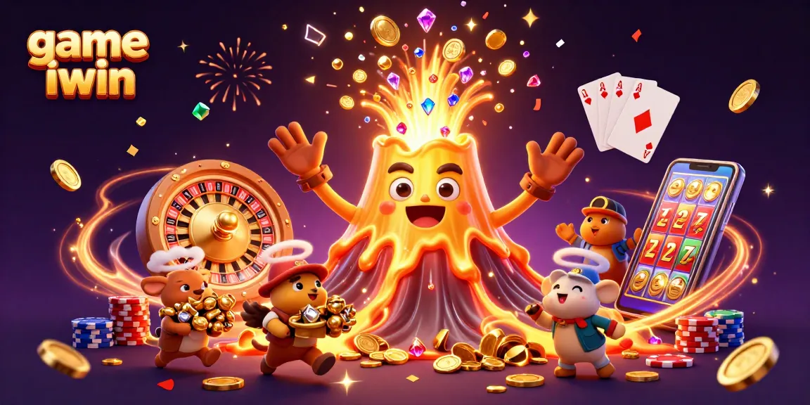 Win big with game iwin, featuring a golden volcano, treasure, and casino elements.
