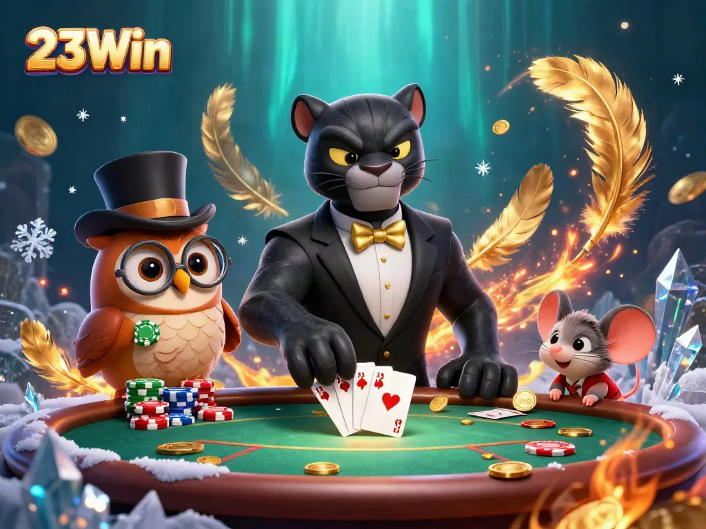 Engage with 23Win's elegant poker scene featuring a tuxedoed panther dealing cards amidst dynamic casino elements.