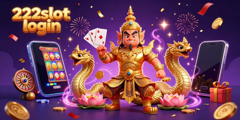Aksi menarik dalam 222slot login dengan penjaga Thailand dan simbol jackpot mengelilingi mereka.