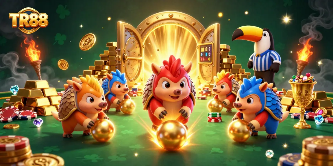TR88 pangolins compete with chips and golden treasures in this gambling illustration.