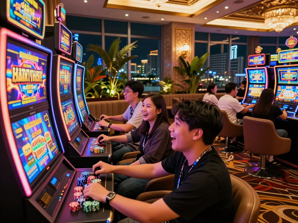 Pengalaman bermain slot thailand yang meriah di kasino mewah dengan pemain yang antusias.