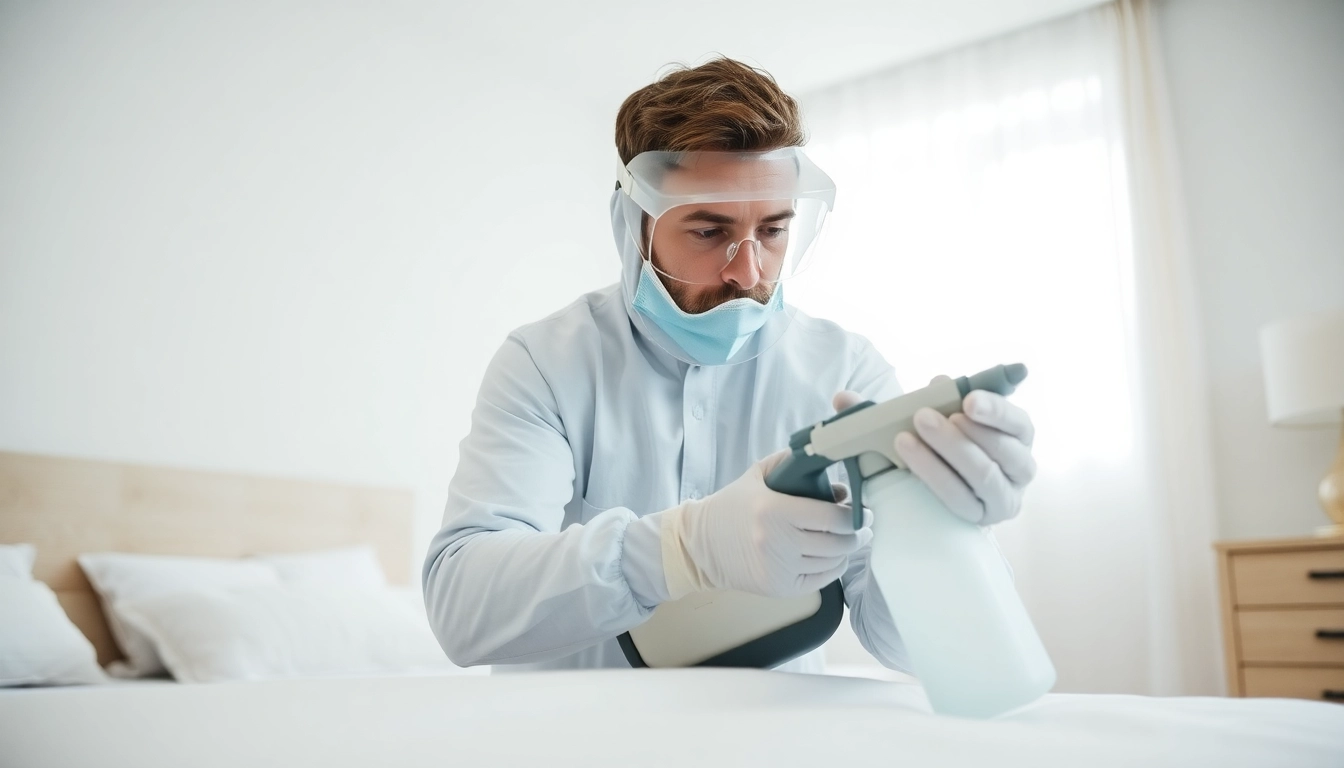 Implementing bed bug control techniques by a technician in a bright bedroom setting.