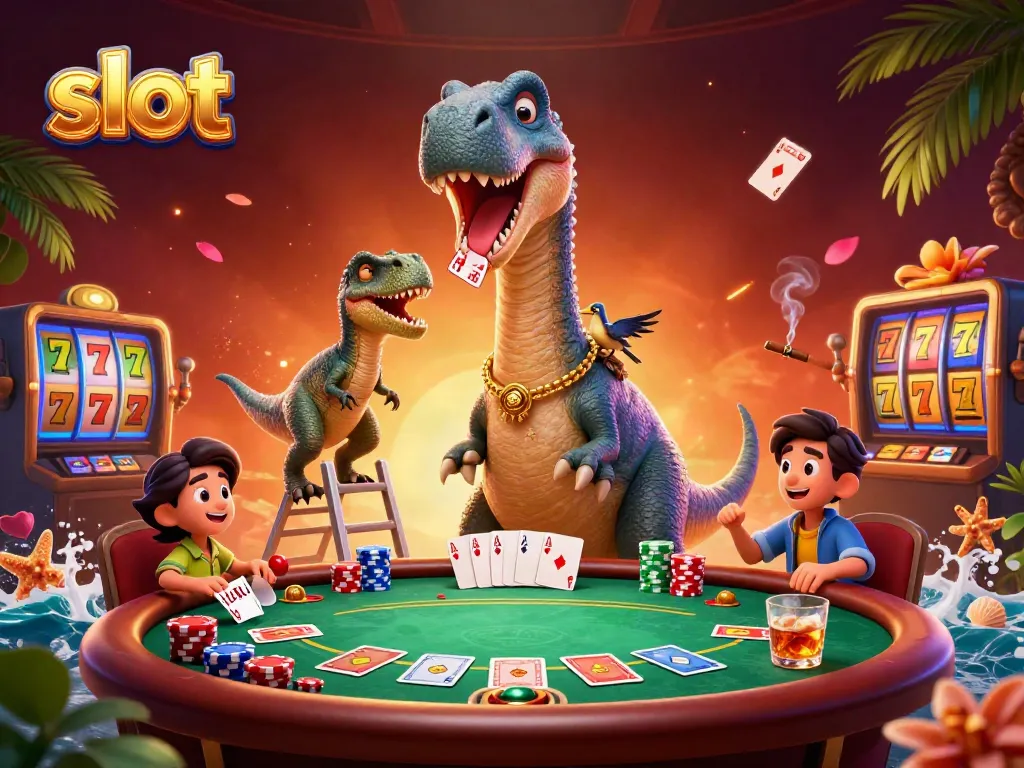 Engage in thrilling slot action with a giant brontosaurus breathing down at an exciting poker game scene.