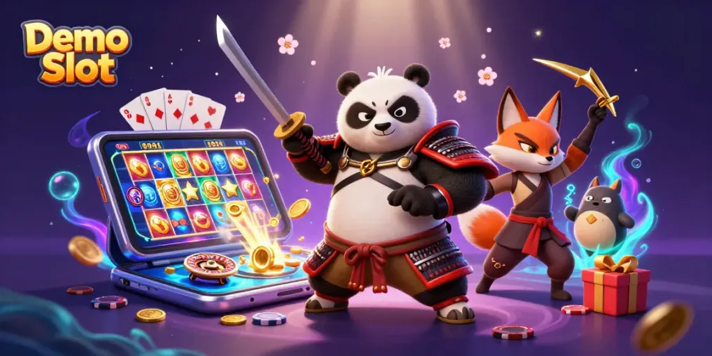 Experience exciting gameplay with Demo Slot as a samurai panda and ninja fox celebrate wins with vibrant game elements.