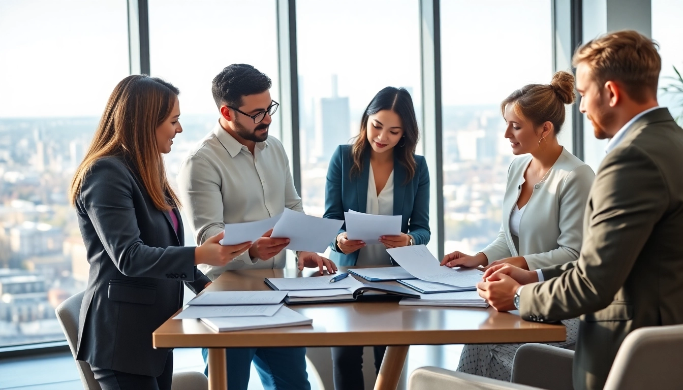 Collaborative team discussing contracts and grants in a bright modern office setting.