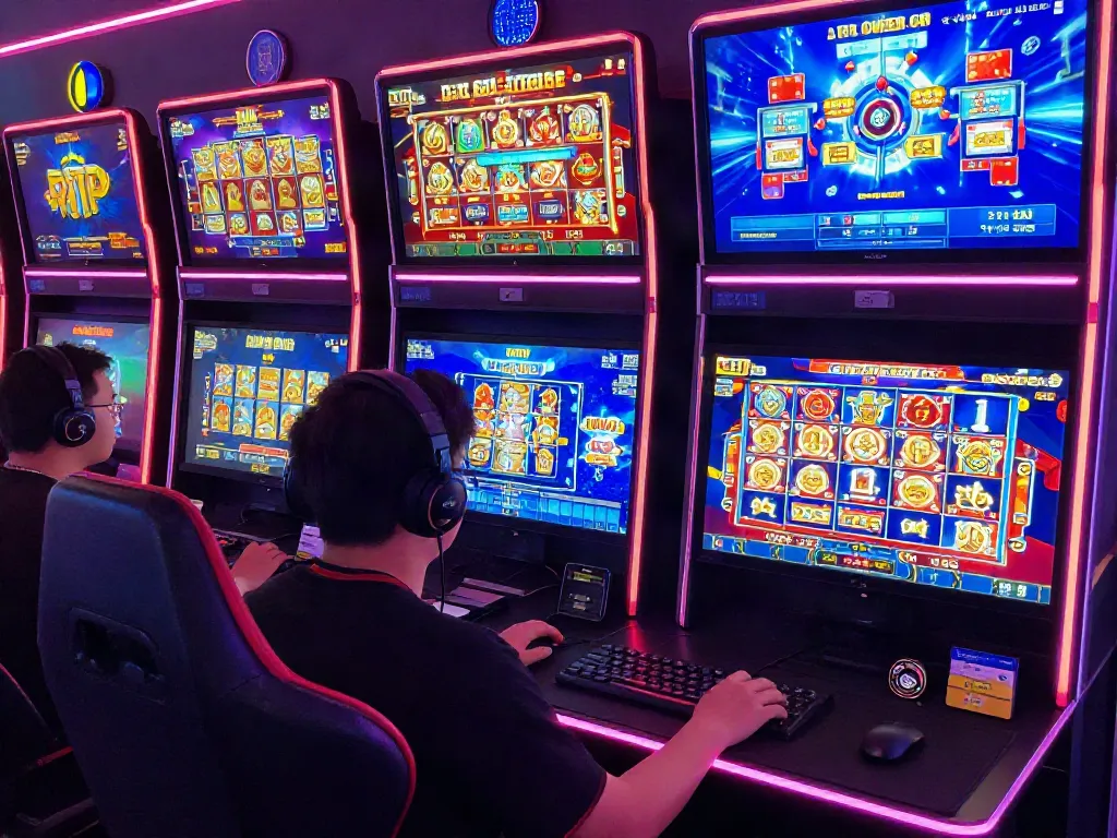 Engaged player exploring slot gacor games in a vibrant online gaming setup with colorful digital displays.