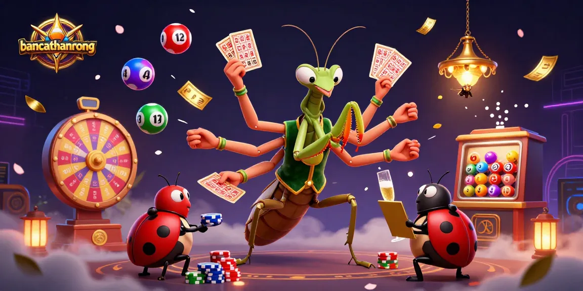 Bancathanrong showcases a vibrant casino scene with a praying mantis dealer and ladybug pit boss amidst lottery excitement.