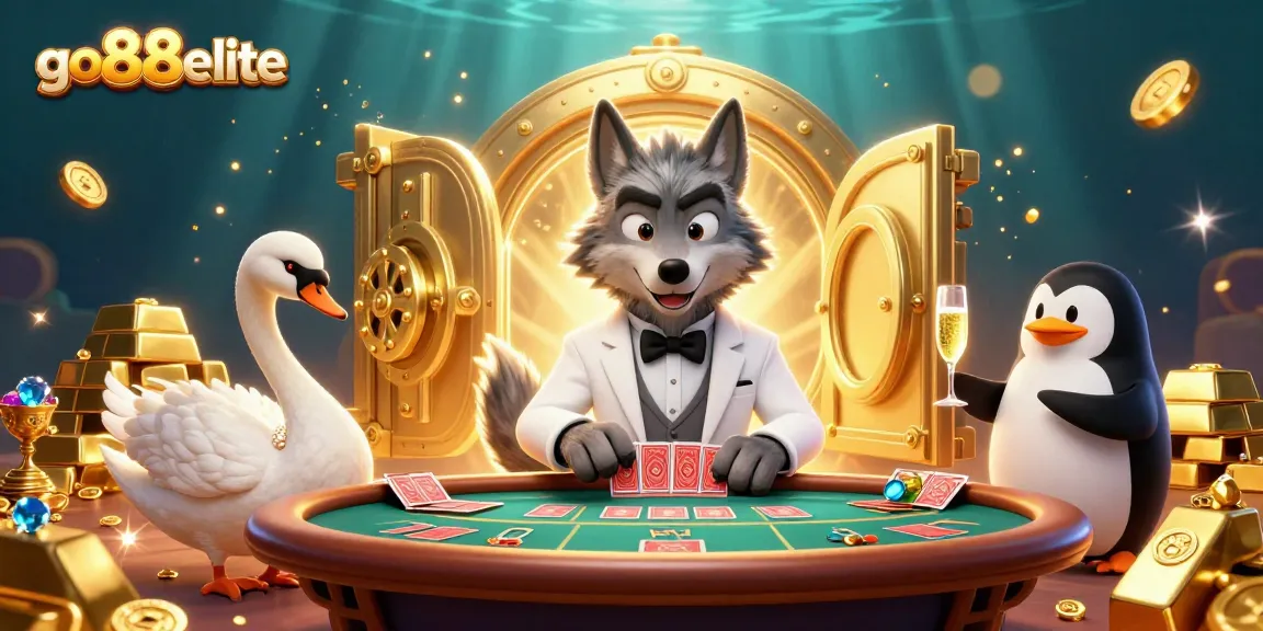 Experience ultimate excitement at go88elite with captivating casino characters and sparkling treasures in this dynamic illustration.