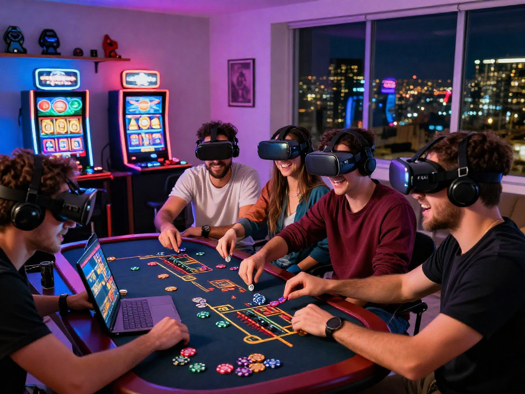 Engaging crypto casino scene with friends playing live dealer games online, showcasing excitement and immersive gaming experience.