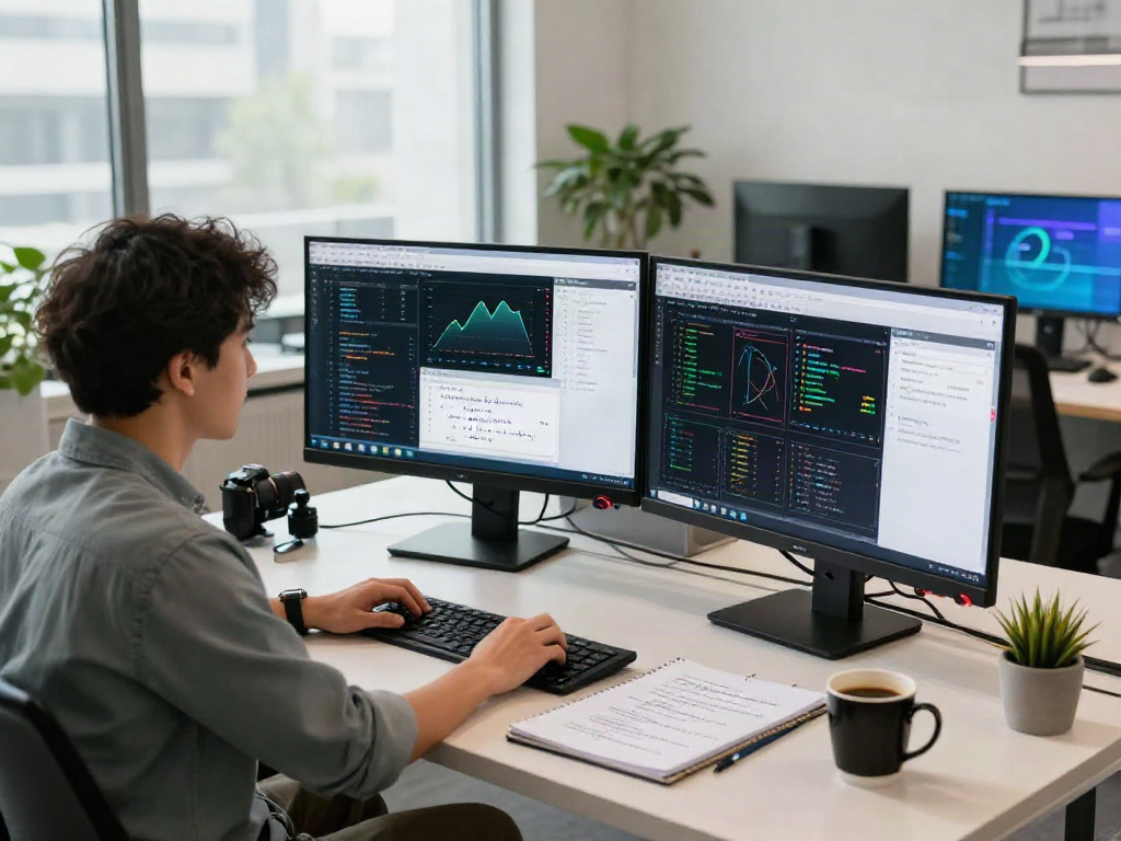 AI Detection software demonstrated by data scientist at a modern workspace, showcasing innovative technology.