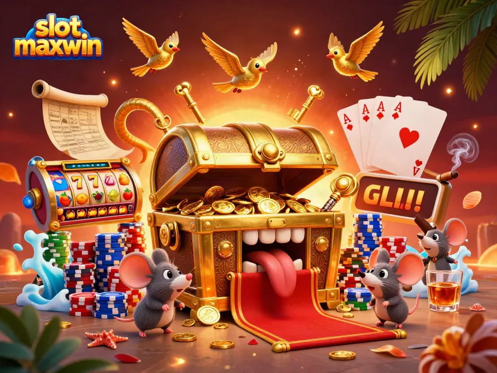 Spin to win at slot maxwin with a rich, vibrant illustration of treasures and gaming elements